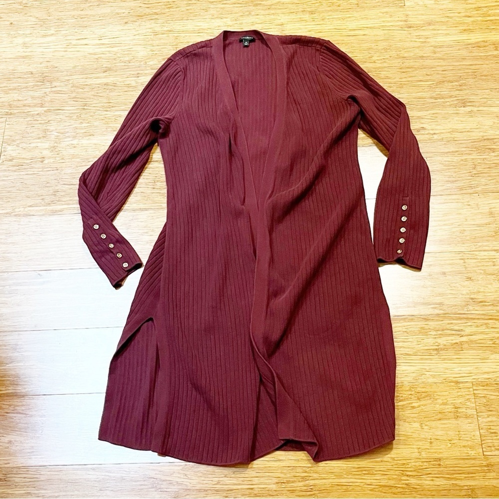 Talbots Burgundy Maroon Ribbed Long Open Front Cardigan with Gold Button Cuffs M